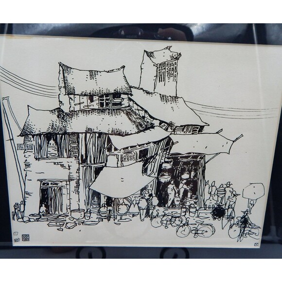 Japanese Traditional Scenery Painting Pen Ink Print Signed Asian Village Matted - Picture 2 of 6